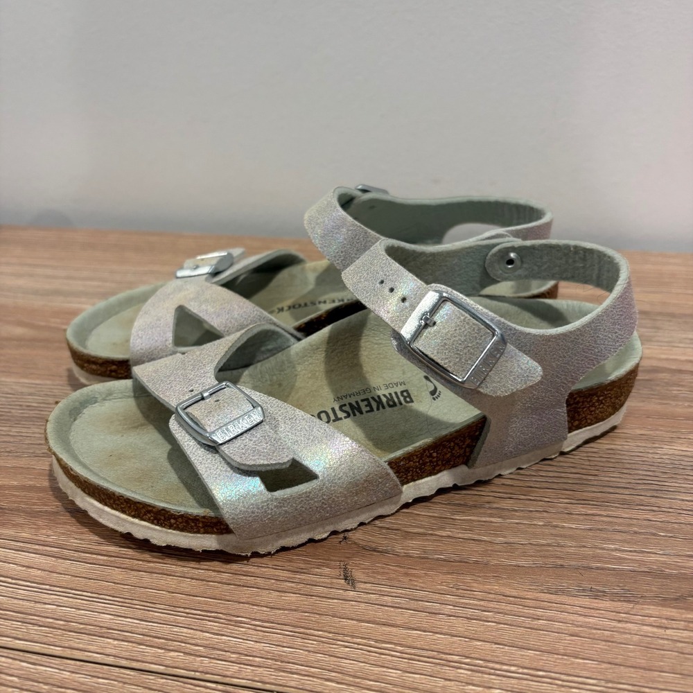 Birkenstock Rio Iridescent Sandals Kids Silver 32 Buckle Strap Cork Footbed